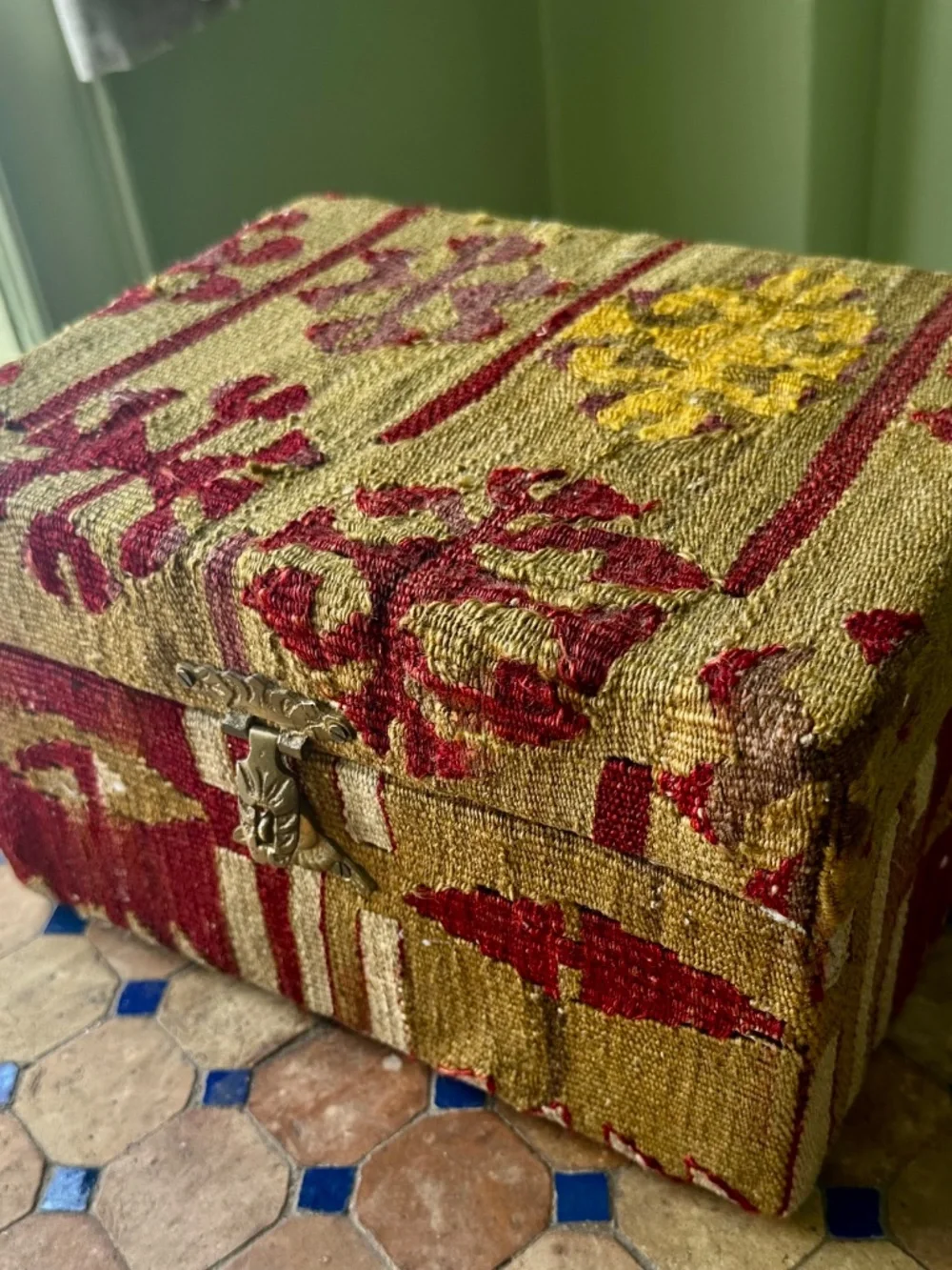 Vintage Turkish Kilim covered storage box with brass hardware